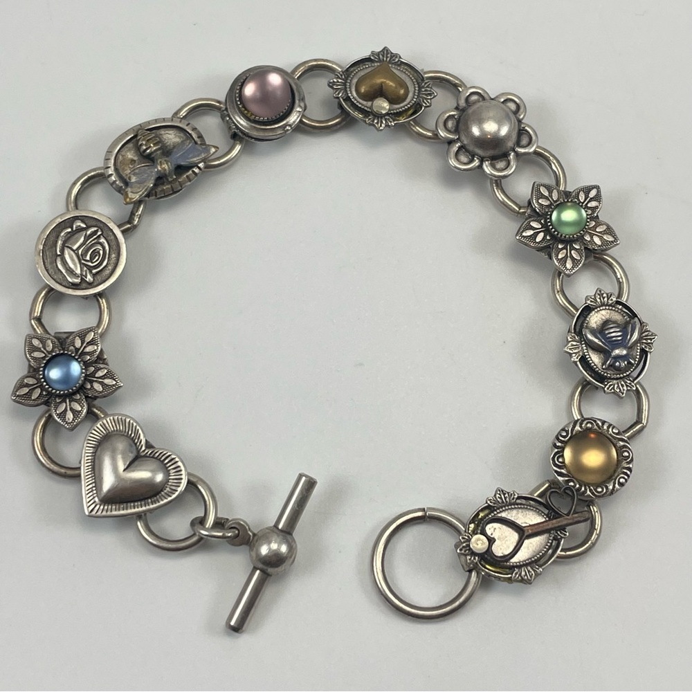Silver Tone Chain Bracelet Rhinestones Charm Boho Toggle Clasp Cute Classic